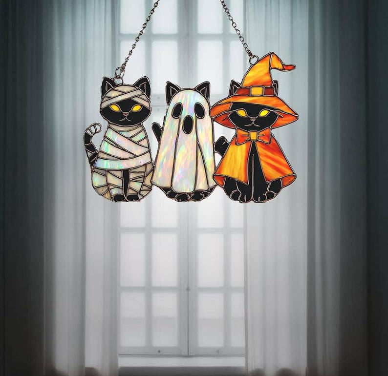 Halloween Trio Black Cats Hologram Suncatcher– Black Cat, Ghost, Witch Mummy Acrylic Window Hanging, Cute Spooky Fall Decor Gift, Cat Lovers