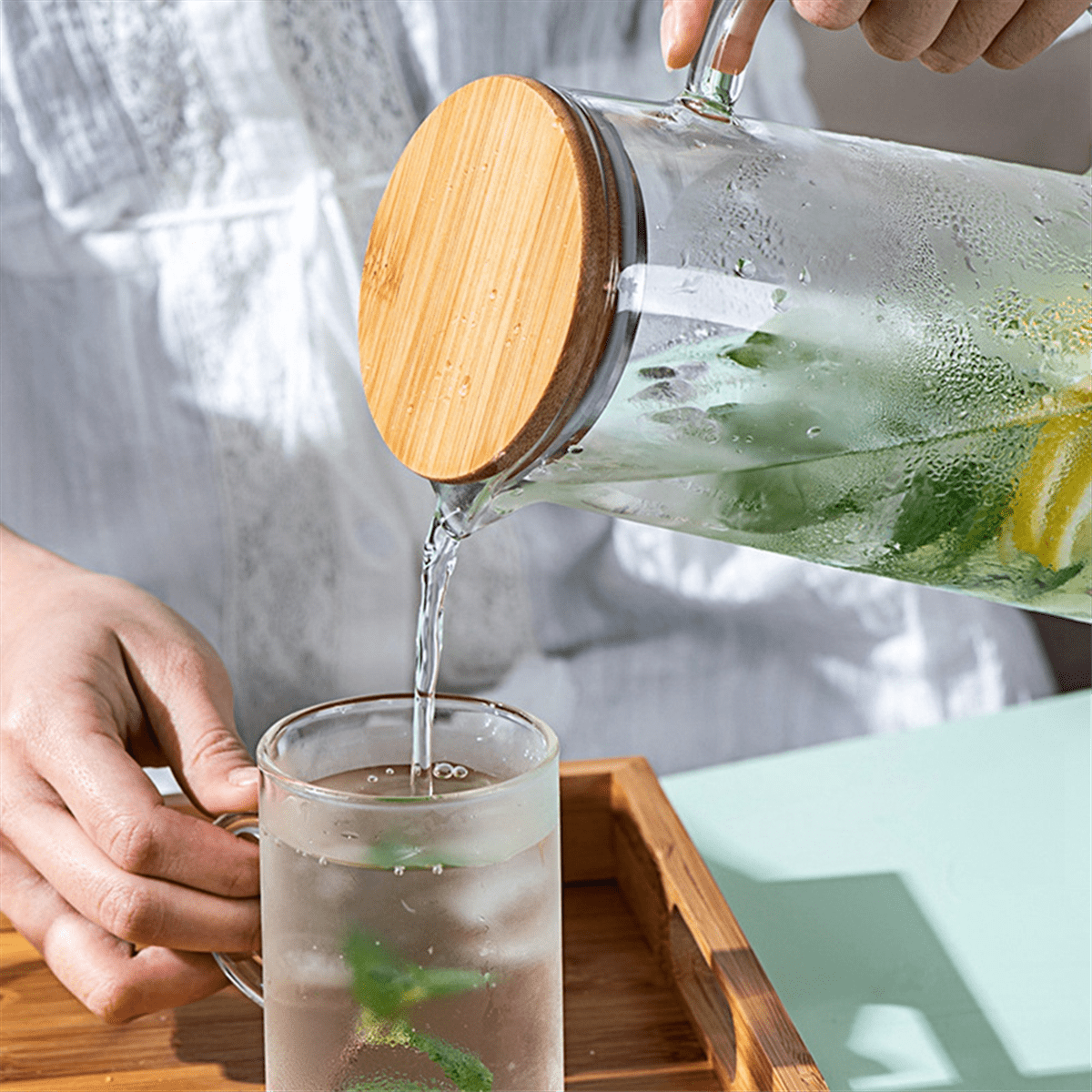 2X 1.7L Glass Water Pitcher with Handle Bamboo Lid Heat Cold Hot Kettle Capacity Tea Pitcher Water Juice Jug