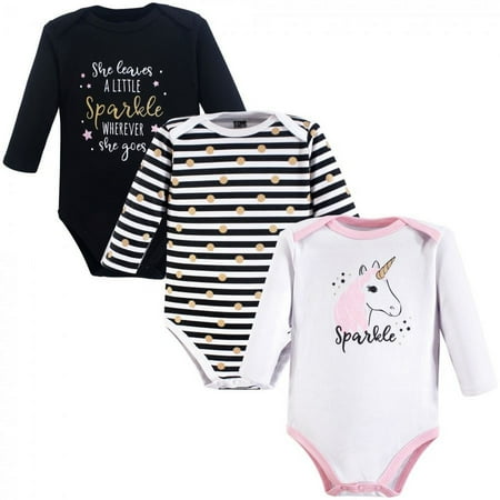 UPC: 0660168250121 | Hudson Baby Infant Girl Cotton Long-Sleeve Bodysuits 3pk Sparkle Unicorn 0-3 Months