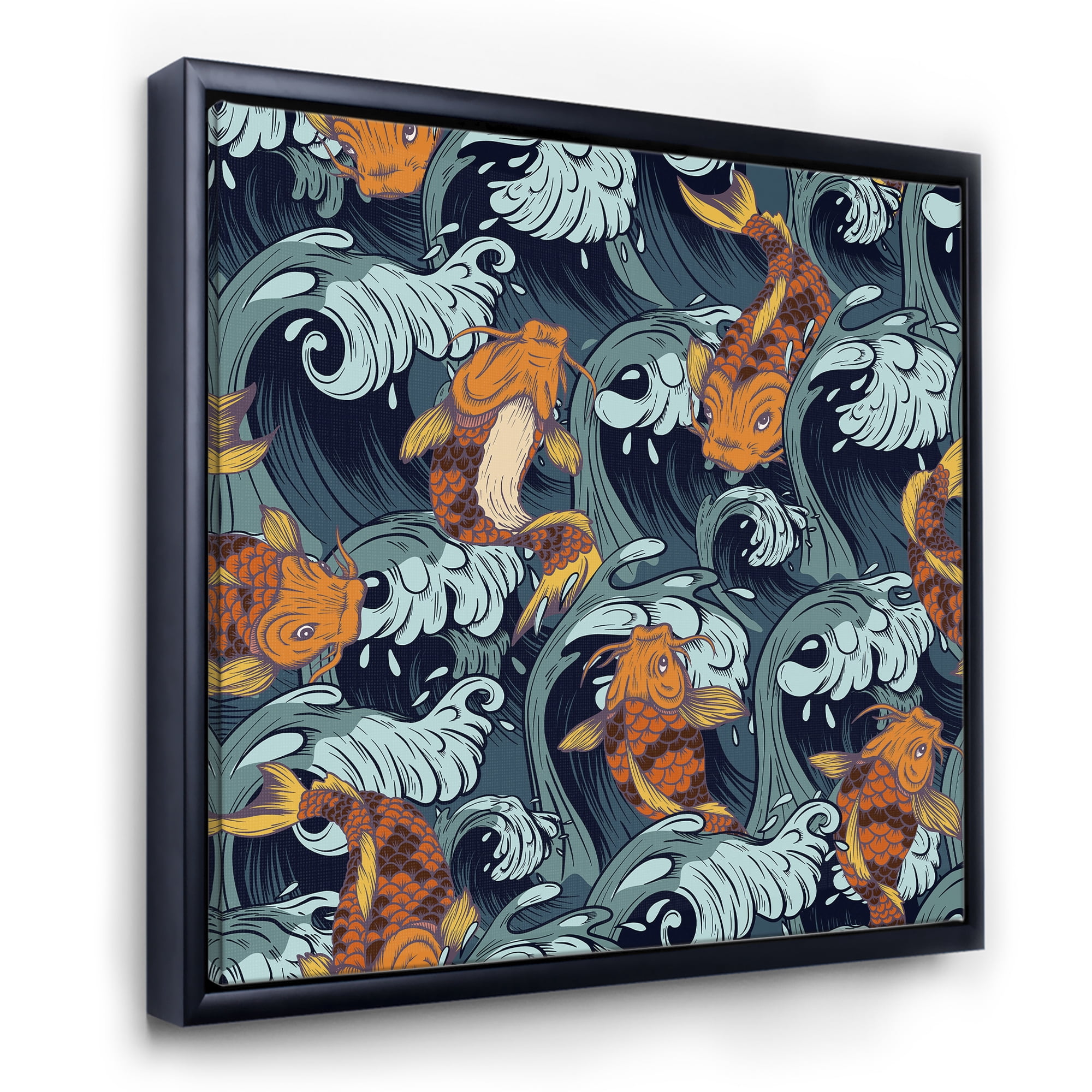 Designart 'Japanese Koi Fish on Sea Waves' Nautical & Coastal Framed Canvas Wall Art Print