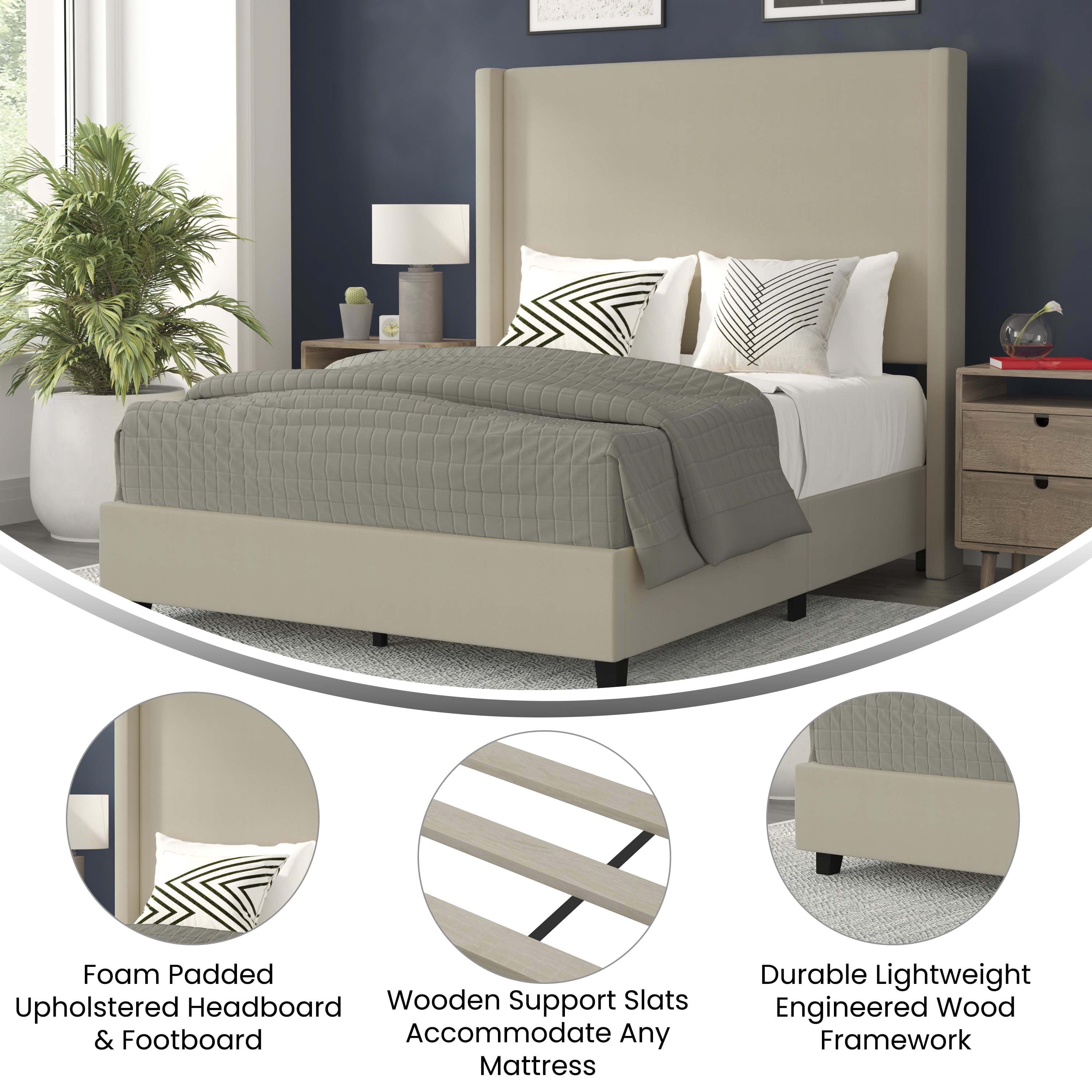 Merrick Lane Modern Platform Bed with Upholstered Wingback Headboard, Queen Size, Beige