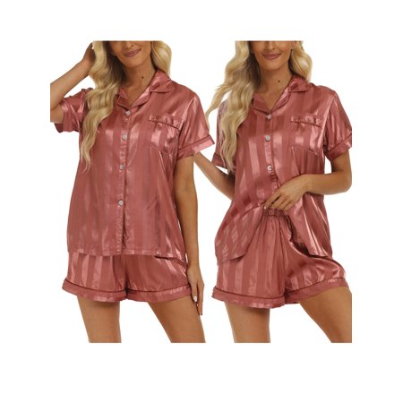 

KelaJuan Women’s 2 Piece Pajamas Set Classic Striped Print Short Sleeve Button Up Shirt Shorts Set