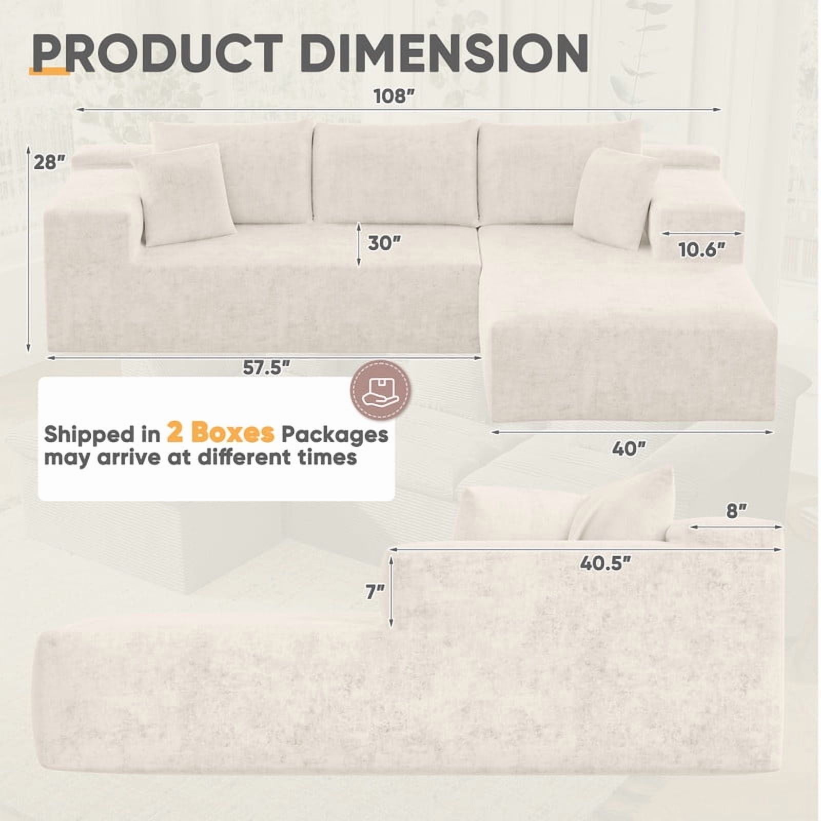 Furmax 108"  L-Shape Boneless Chaise Sectional Sofa Cloud Couch Sectional Corduroy Couch Set with Deep Seat for Living Room,Chenille White