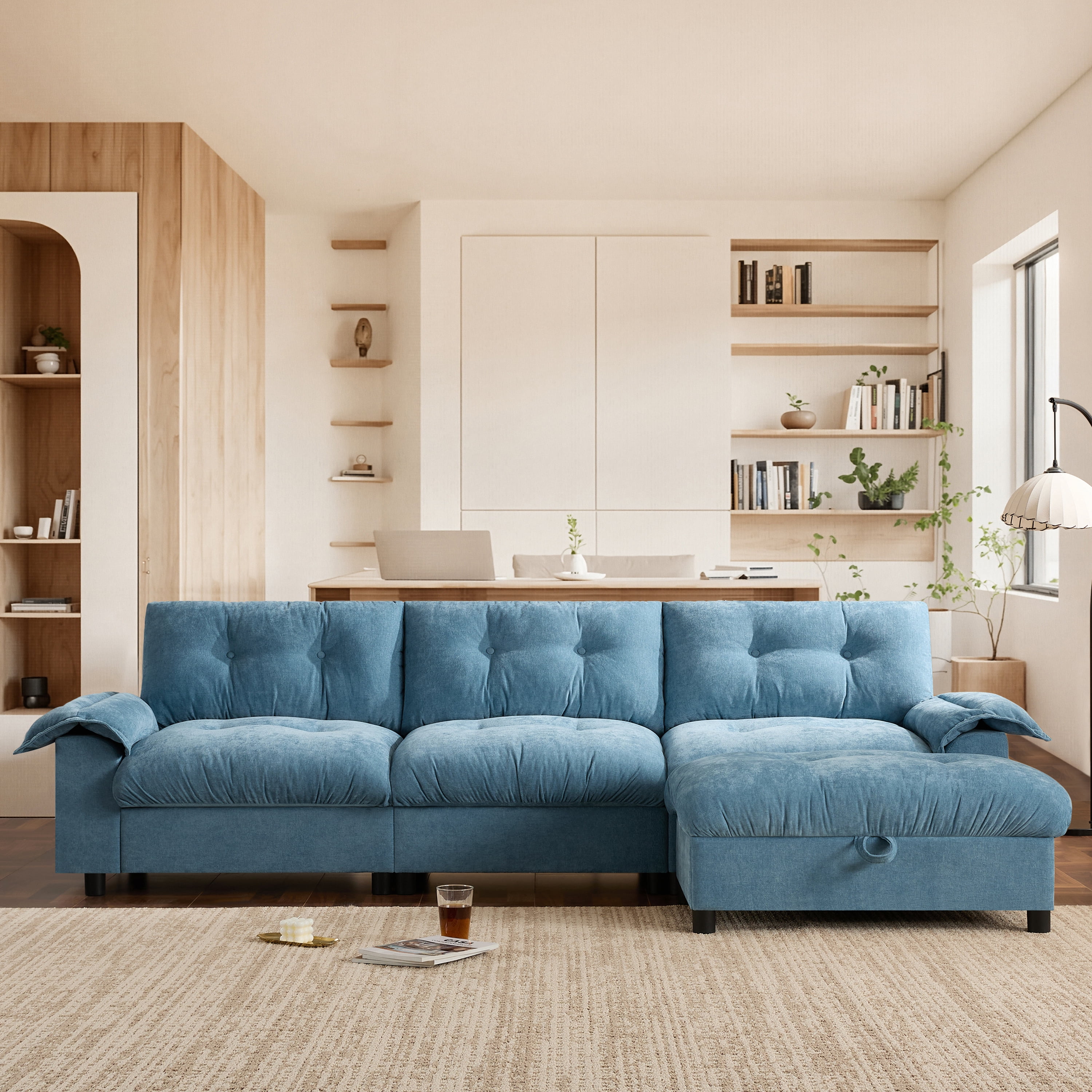 Sectional Sofa, L Shape Sofa, Tufted Sofa with Multifunction Pull-Out Armrest and Storage Ottoman, Chenille Couch with Side Storage Pockets, for Living Room, Light Blue