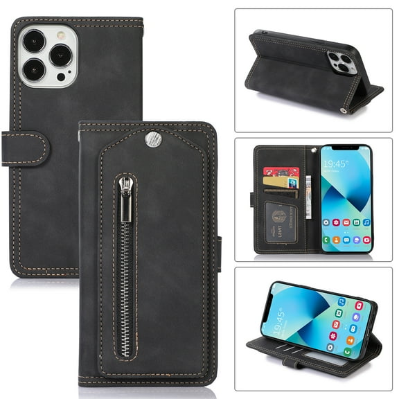 iPhone 13 Case 6.1 Inch, PU Leather Folio Flip case Protective Stand Cash Holder Wallet Case with Hidden Mirror and Wrist Strap TPU Shockproof Interior Case for Apple iPhone 13 6.1 inch 2021,Black