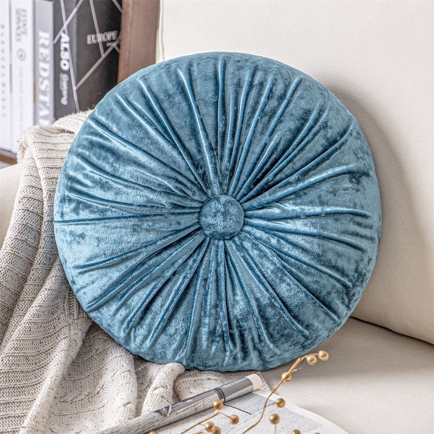 White XQ HOUSE Round Pillow Cushion for Couch Velvet Decorative Small Throw Pillow Solid Color for Living Room Bed Floor 13.7”