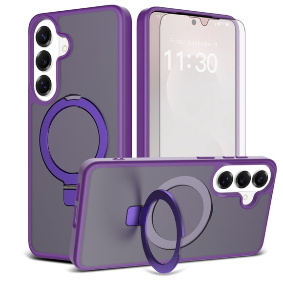 Asuwish Phone Case for Samsung Galaxy S26 Plus S26+ 5G Tempered Glass Screen Protector Magnetic Folding Stand Frosted Translucent Rugged Shockproof Protective Cell Cover S26Plus Women Men Deep Purple