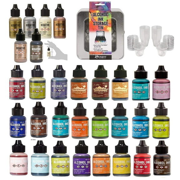 Ranger Tim Holtz Bundle Alcohol Ink x 24 Colors Metallic Mixatives 6 Colors and Craft Mixing Cups
