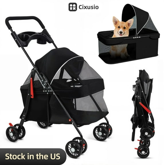 Cixusio 4 Wheels Pet Stroller, Foldable Dog Cat Cage Jogger Stroller with Weather Cover for All-Season, Cup Holder, Rear Wheel Dual Brake, Breathable and Visible Mesh for Small/Medium Pets (Black)