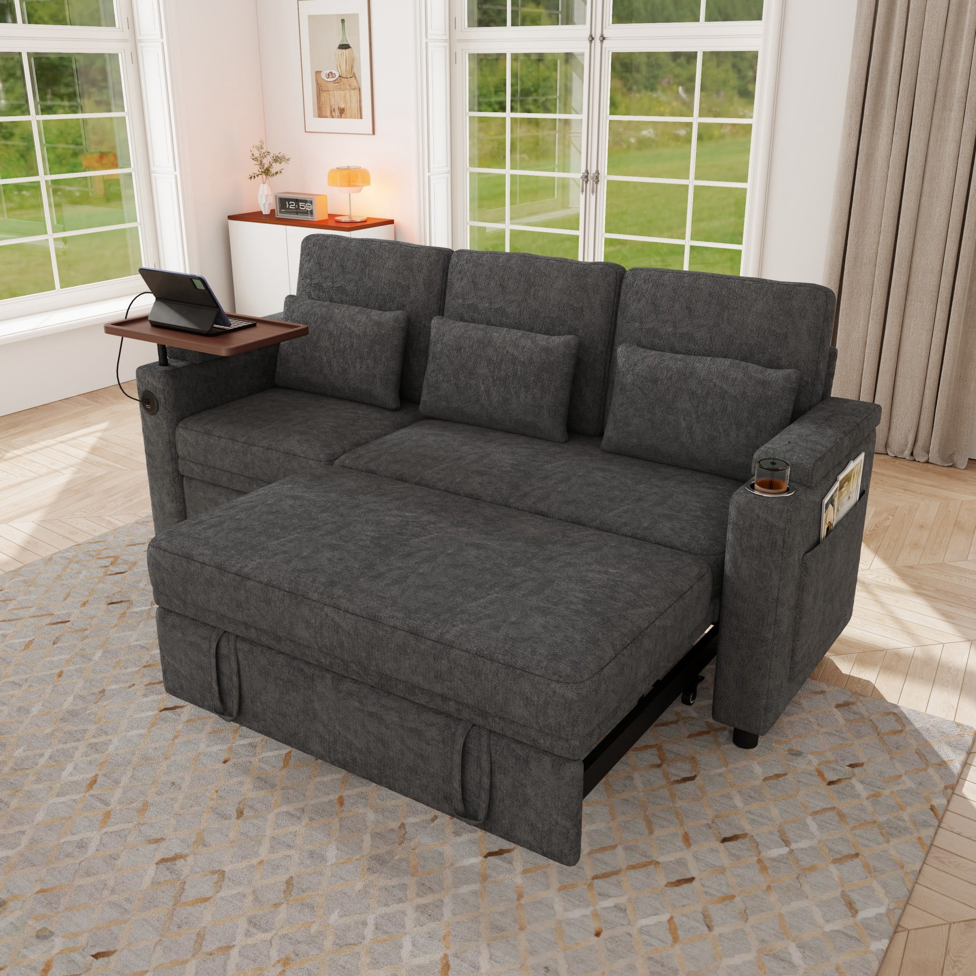 DEALTOPS 81" Chenille Pull-Out Sleeper Sofa Bed with Recliner, Tray Table, USB Ports & Storage, Dark Gray