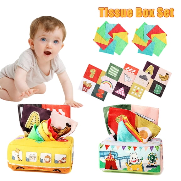 Dsseng 2Pcs Baby Tissue Box Toy, Soft Stuffed High Contrast Crinkle Infant Sensory Toys, Boys&Girls Kids Early Learning Toys Baby Gifts, Christmas Birthday Gift for Infant Toddlers