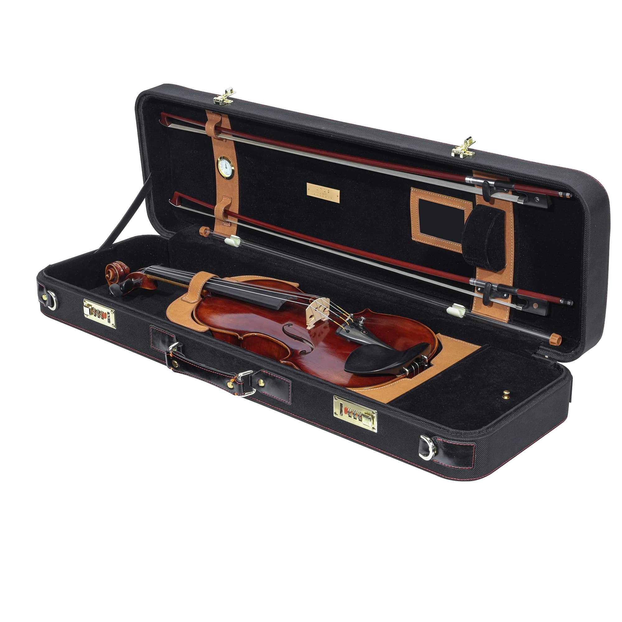 MI&VI Deluxe Hardwood Violin Travel Case 4/4 (Full Size) With Leather Handles | Adjustable Shoulder Straps | Thermal Insulation | Oblong Shape | Photo Pocket | Hygrometer- By MIVI Music (Black/Black)