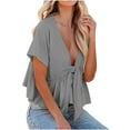 thumbnail image 3 of Ahuyic Womens Plus Size Top,Womens Summer Blouse,Womens Lightweight Solid Crop Blouse - Short-Sleeve Tie-Front Ruffle Hem Top for Breathable Summer Wear Gray XXL, 3 of 4