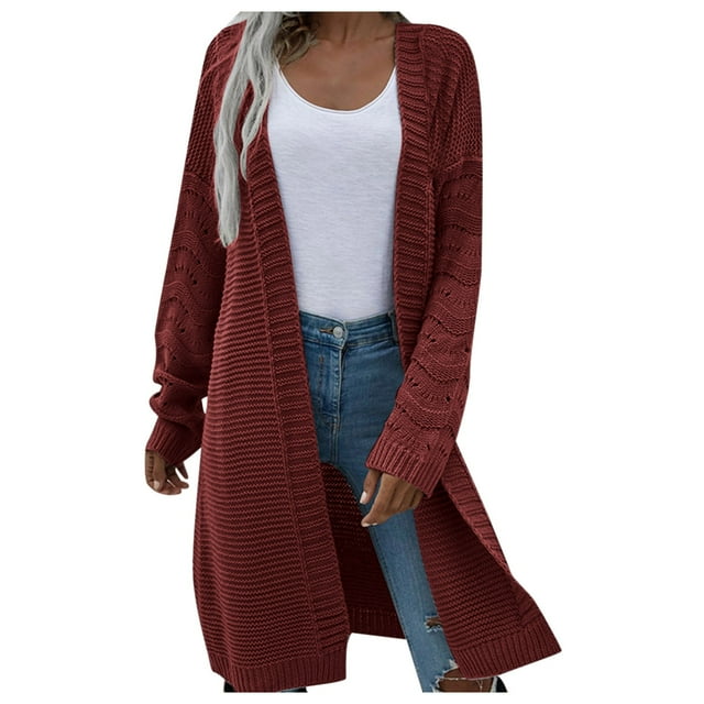 Manteau d'Automne pour Femme, Tricot Uni, Col Rond, Veste Chaude, Mi-Longue, Manteau Mode, Manteau Extérieur, Manteau Ouvert à l'Avant, Pardessus Torsadé