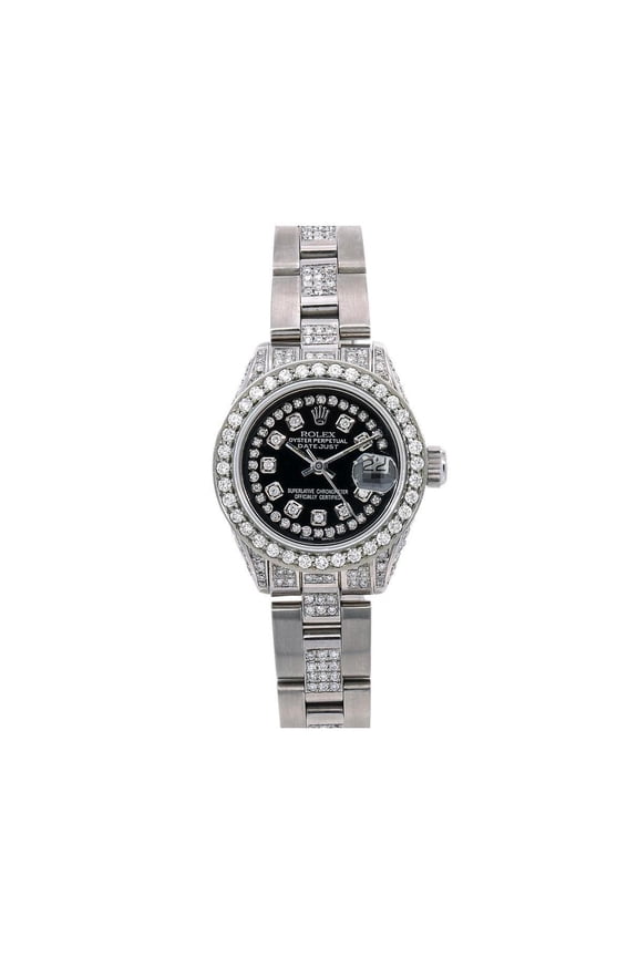Pre-Owned Rolex Datejust 26MM 69160 Black Roman Diamond Dial Diamond Bezel Stainless Steel Semi Diamond Oyster Bracelet 3.75ct