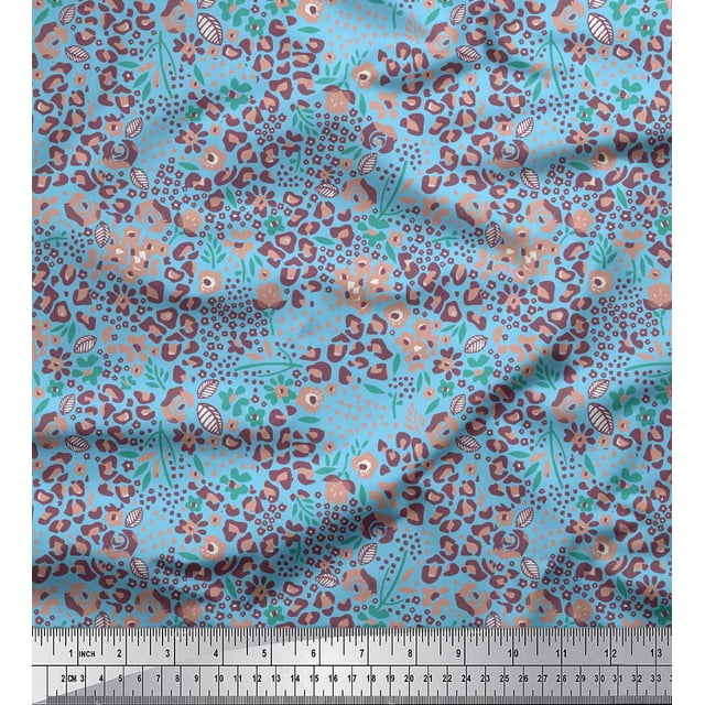Soimoi Blue Silk Fabric Floral & Leopard Animal Skin Printed Fabric 1 Yard 42 Inch Wide