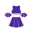 thumbnail image 4 of Aislor Girls Schoolgirls Cheer Leader Uniform Crop Top with Pleated Skirt and Pom Poms Dancewear Purple 6, 4 of 7