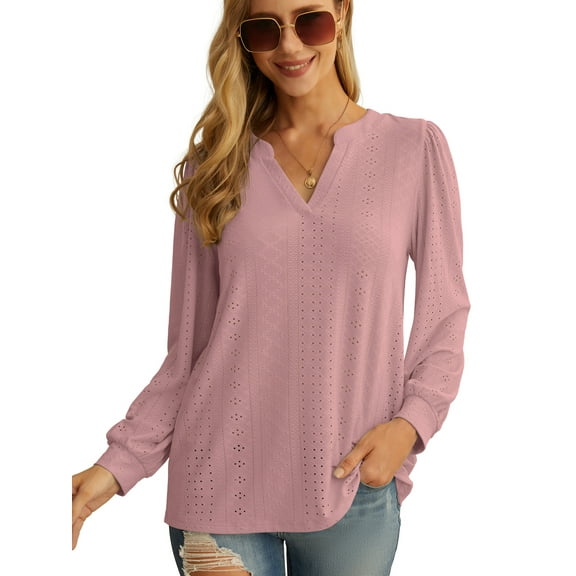 JWD Women's Casual V-neck Shirt Office Long Sleeve Bubble Cuff Four Seasons Top Dark Pink Large