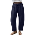 thumbnail image 2 of Women's Linen Wide Leg Barrel Capri Pants, Elastic High Waist Loose Cropped Trousers with Pockets, Breathable Summer Casual 7/8 Length Pants for Vacation Daily Office Wear Navy XL, 2 of 8