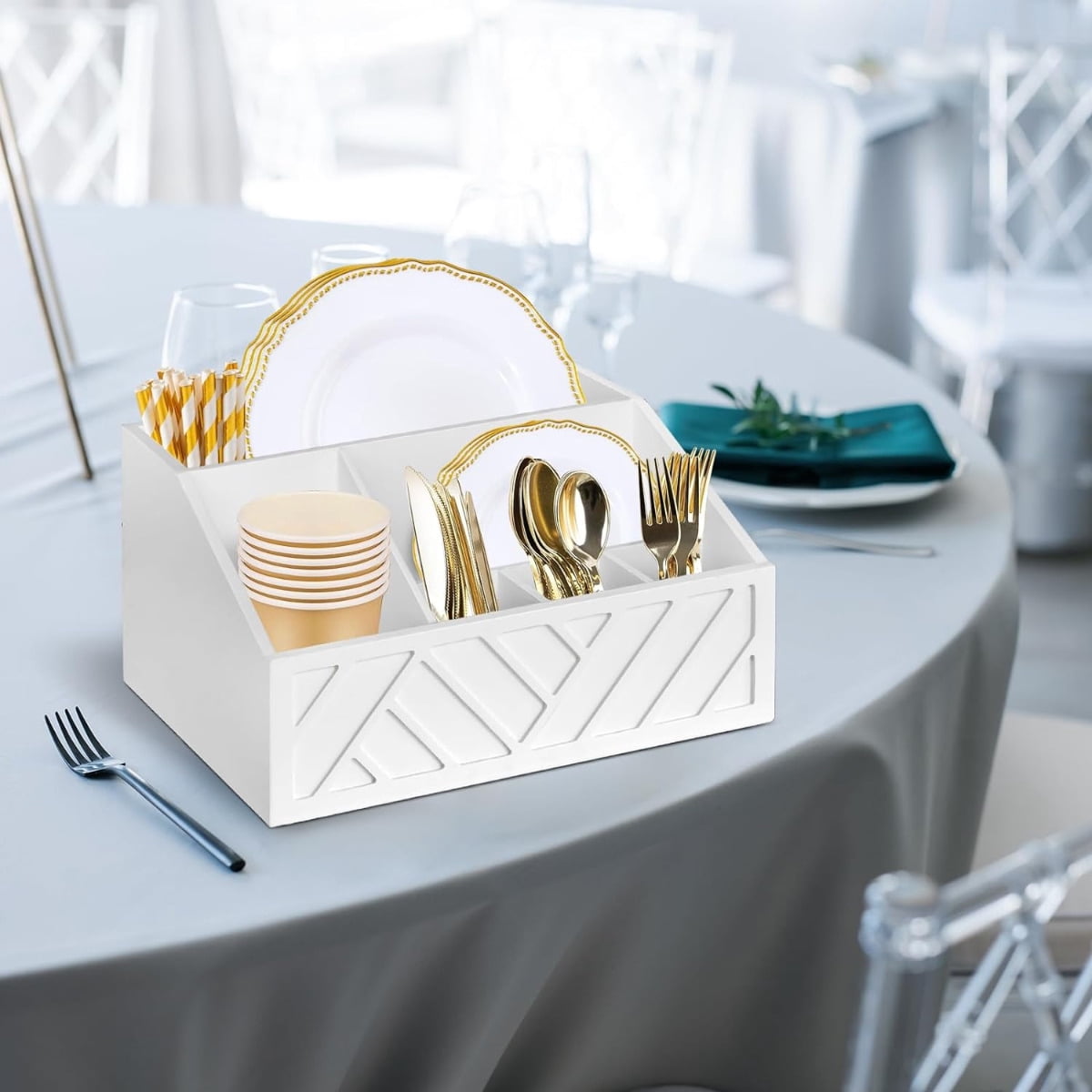 Paper Plate Dispenser, Paper Plate Holder for Kitchen Counter, Wood Silverware Utensil Caddy, Cutlery Flatware Organizer Box for Kitchen (White)