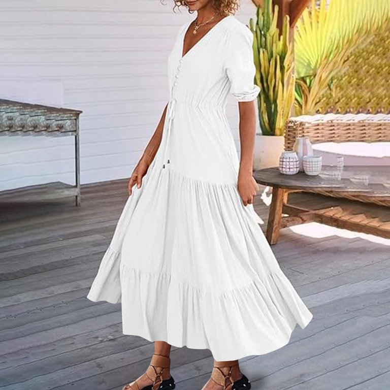 cfhntfmh Boho Dresses for Women 2024 Half Sleeve V Neck Button Drawstring  Summer Maxi Dresses Tiered Flowy Long Dresses - Walmart.com