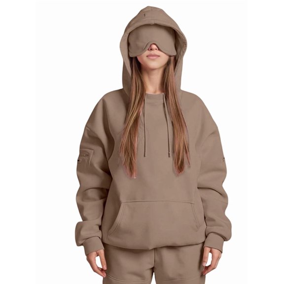 Women Hoodies with Eye Mask Oversized Long Sleeve Comfy Casual Basic Pullover Sweatshirts Fall Outfits Y2K Clothes Camel Color XXL