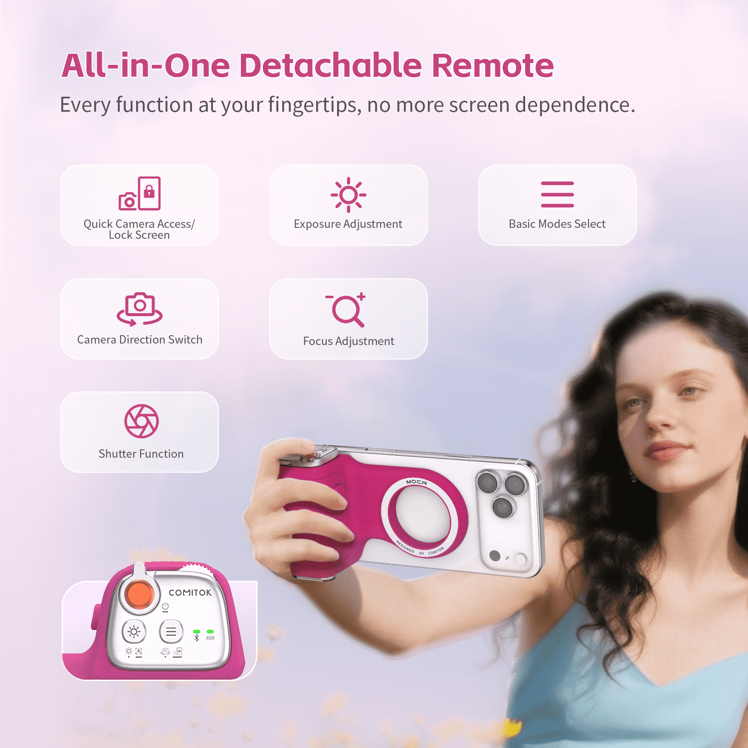 COMITOK MOCA Ergonomic Selfie Stick Detachable Remote Control Magnetic Selfie Stick for iPhone 17 Perfect for Vlogging TikTok-1/4" Screw Mount Fuchsia