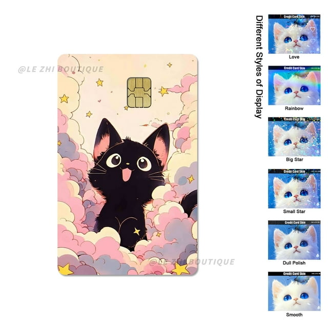 Cute Black Cat Cartoon PVC Film Skin Sticker for Debit Card Credit Bank Card Sticker Shining Rainbow Stars Love Card Sticker