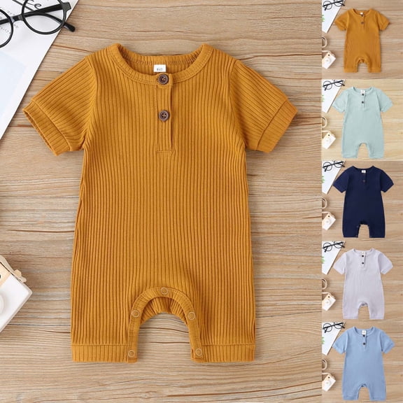 YHAJDS Infants Baby Boy Girl Short Sleeve Ribbed Cotton Button Front Romper Jumpsuit Solid Summer Outfit