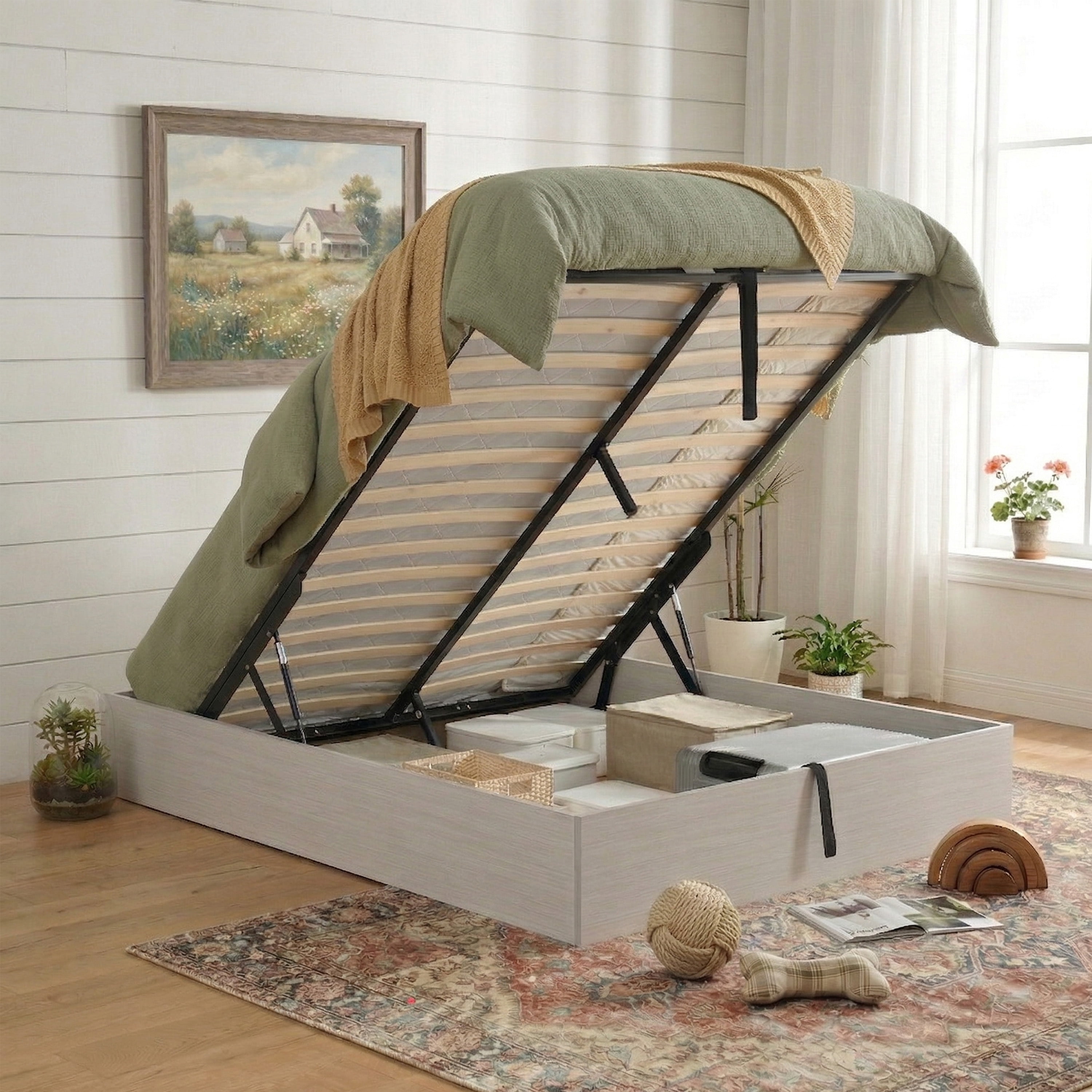 Queen Size Lift Up Pneumatic Storage Bed Frame, Headboard-Free Platform Bed with Wooden Slats, No Box Spring Needed,Rustic Off White