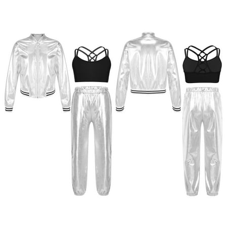 dPois Kids Girls Shiny Metallic Bomber Jacket Coat Outwear Jazz Hip Hop Dance Crop Top Sports Bra Silver 6
