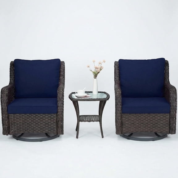 Outdoor Swivel Wicker Glider Patio Chairs with Table Set,3 Pcs Bistro Set with Cushions and Table