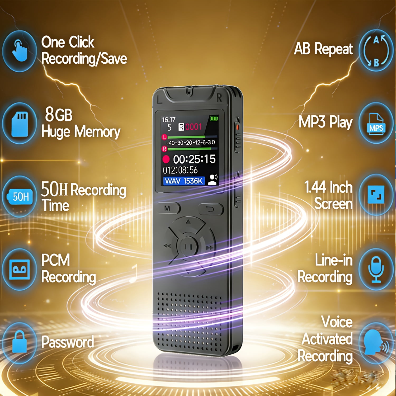 32GB Digital Voice Recorder with Voice Activation, One-Click Record, Simultaneous Playback & Recording, 512Kbps Noise Reduction, MP3 Player, Timer, Password Lock, USB Function