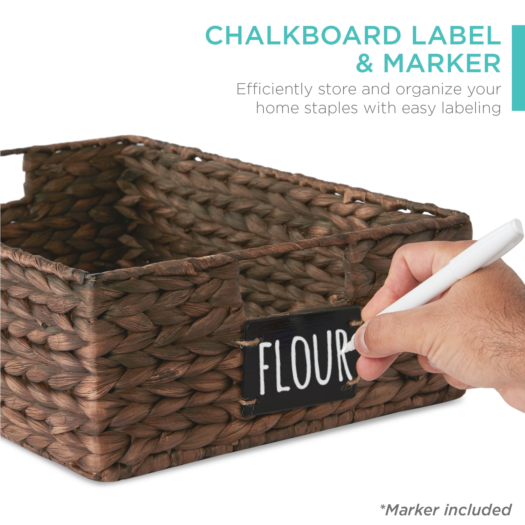 Best Choice Products Set of 4 16x12in Woven Water Hyacinth Pantry Baskets w/ Chalkboard Label, Chalk Marker - Brown