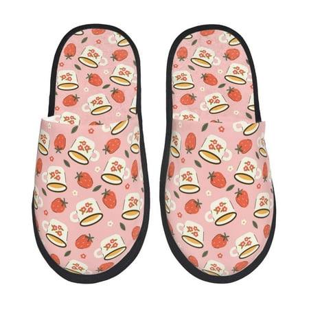 Balery Floral Mugs And Strawberries Slient Indoor Furry Fleece Comfort House Shoes Soft Non-Slip Home Shoes Cotton slippers House Slippers-- Medium