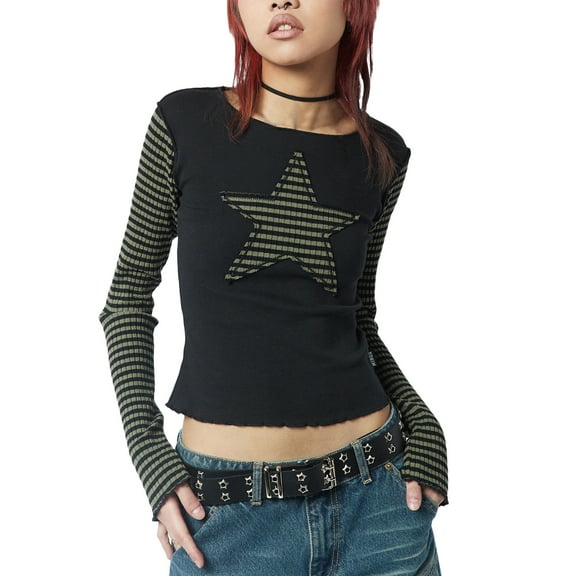 Women Casual Star Patched Striped Long Sleeve T-shirt Harajuku Grunge O Neck Slim Fit Crop Tops E-girl Gothic Mall Goth Tees y2k Streetwear