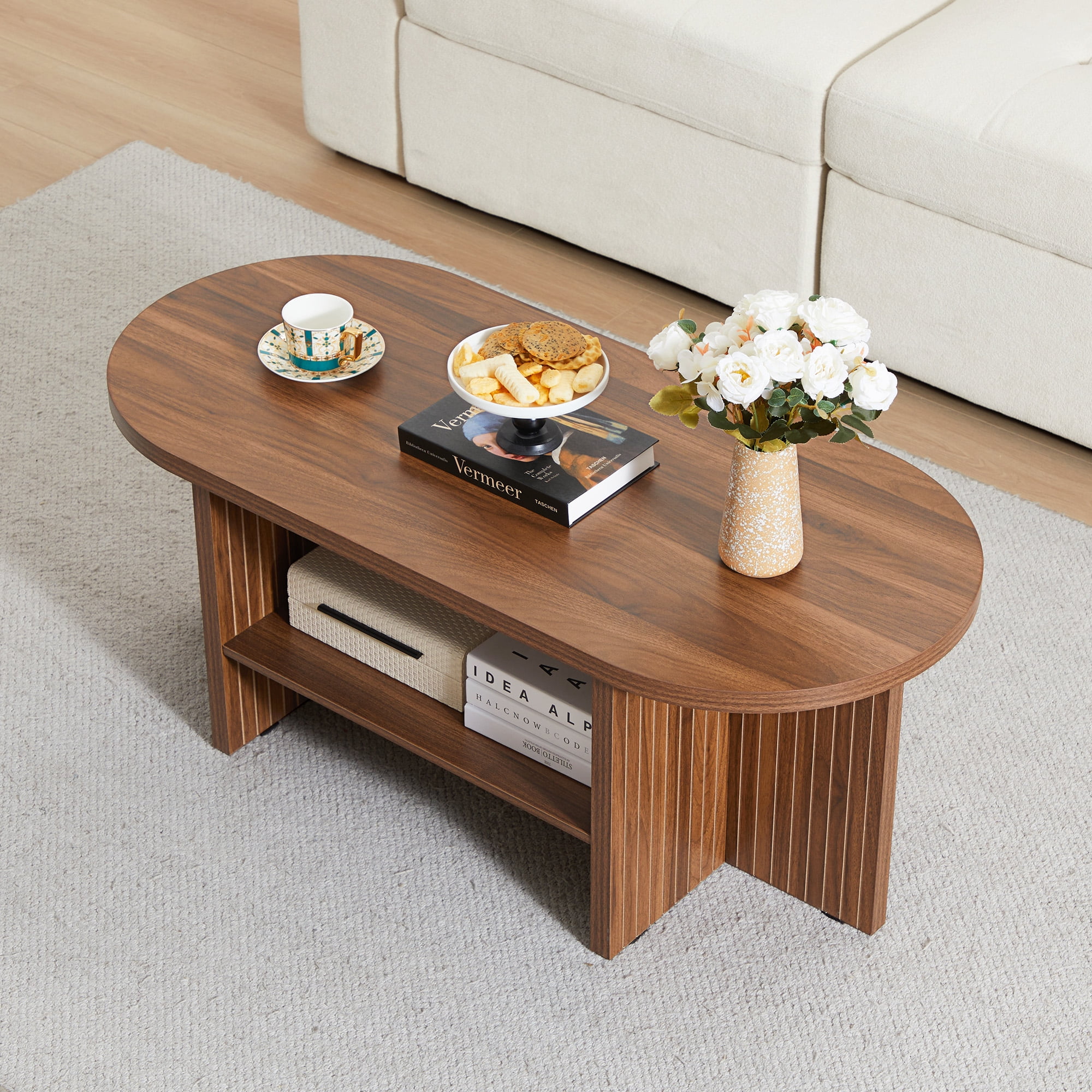 Wirrytor 43.3” Oval Coffee Table, Farmhouse Coffee Tables for Living Room Small, Fluted Coffee Table with Open Storage Shelf, Wood Center Table for 2-Tier Coffee Table, Walnut