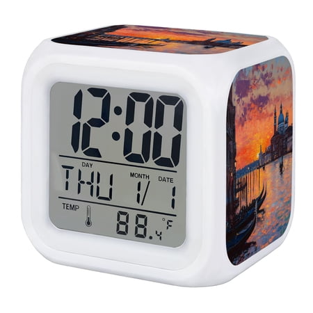 Nature Scenery Digital Alarm Clock for Bedrooms,Smart LED Alarm Clock with 7 Color Changing Night Light,Farmhouse City View Sunset Classic House Silent Wake Up Clocks for Sleep Study 3.2x3.2