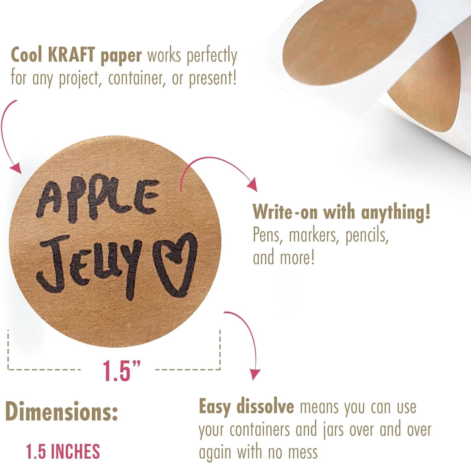 MESS Dissolvable Canning Labels for Jars  200 Kraft Mason Jar Labels 1.5In.