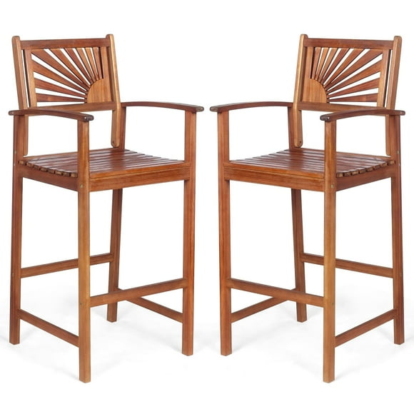 Giantex Patio Bar Stools, Outdoor Acacia Wood Bar Chairs with Sunflower Backrest, Curved Armrests & Breathable Seat, Ideal for Balcony, Sunroom, Patio, Easy Assembly