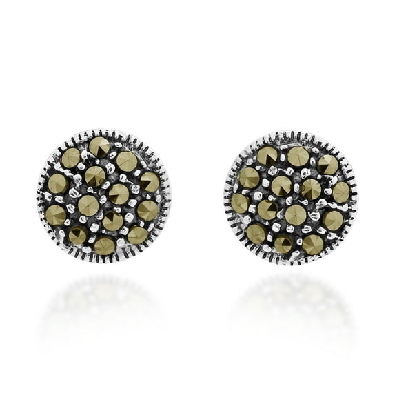 AeraVida Elegant Round Dome Sterling Silver and Marcasite Encrusted Post Stud Earrings