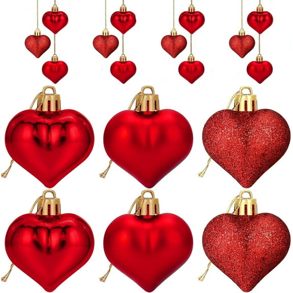 Topboutique 12 Pcs Heart Ornaments,Valentine's Day Heart Shaped Ornaments,Christmas Tree Hanging Ornaments,Valentines Decorative Baubles for Xmas Wedding Christmas Anniversary,Red,3 Styles