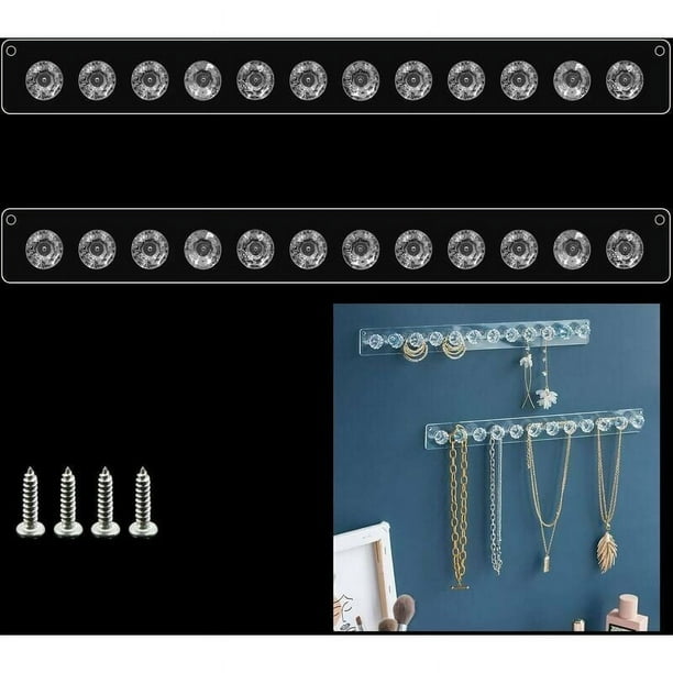 Soporte para collares de joyería, soporte de pared, joyería acrílica transparente para aretes, pulseras, exhibición de almacenamiento con 12 ganchos de diamantes, para dormitorios, 2 piezas