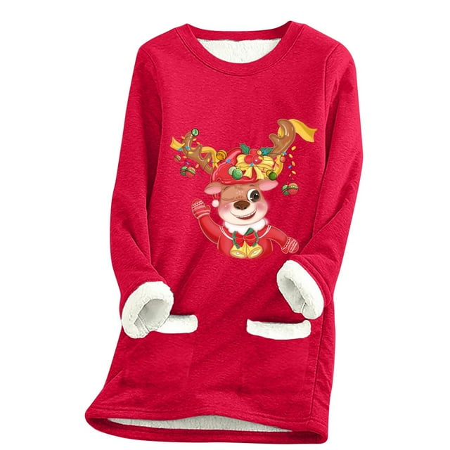 VBARHMQRT Chandail de Noël pour Femmes avec Manches de Cerf, Col Rond, Poche Rembourrée, Chaud
