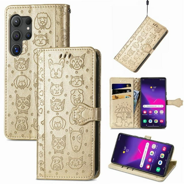 Funda Cartera FOXDOCK para Samsung Galaxy S25 Ultra , Flip PU con Relieve de Gatos y Perros, Tarjetero y Soporte