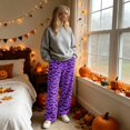thumbnail image 4 of Womens Halloween Pajama Pants Soft Flannel Funny Bat Print Pj Bottoms | Halloween Costumes Women, Drawstring Waist, Straight Wide Leg, Cute Ghost Print, Loose Fit, Lounge, for Sleep Purple,S, 4 of 6