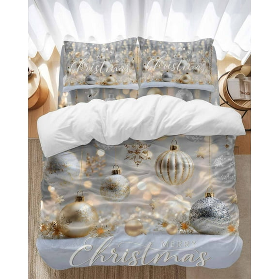 Merry Christmas Bedding Duvet Cover Set Queen Size 4 Pieces Snowflake Gold Sliver Colored Ball Winter Bedding Set with Zipper Closure, 1 Comforter Cover 90x92 Inches 1 Flat Sheet & 2 Pillow Cases
