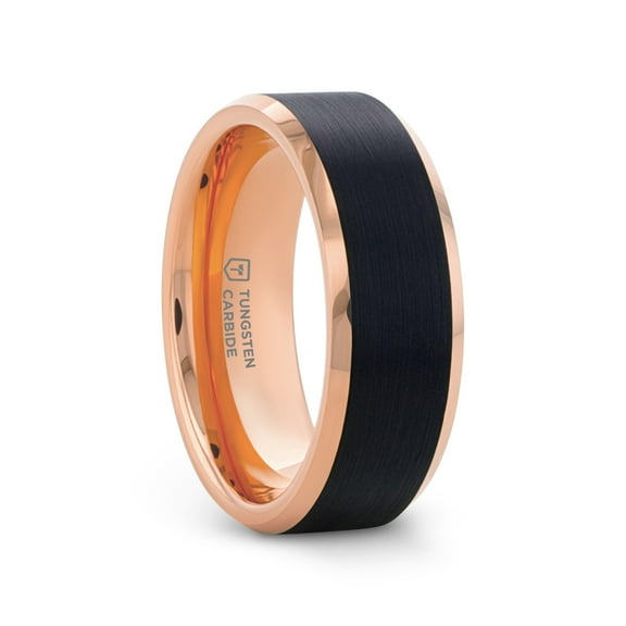 HAYDEN Rose Gold Plated Tungsten Polished Beveled Ring with Brushed Black Center - 6mm - Size 4