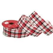 Holiday Time Fabric Gift Wrap Ribbon, Red White Black Plaid, 1.5"/15'