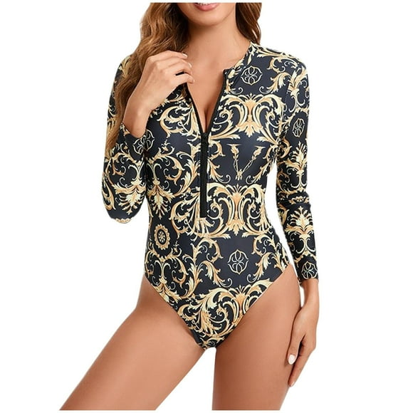 Jamicy High Waist Swimwear for Women 2025 New Long Sleeve Swimsuit Women Upf 50+ One Piece for Womens Zip Floral Athletic Swim Wear Bathing Suit